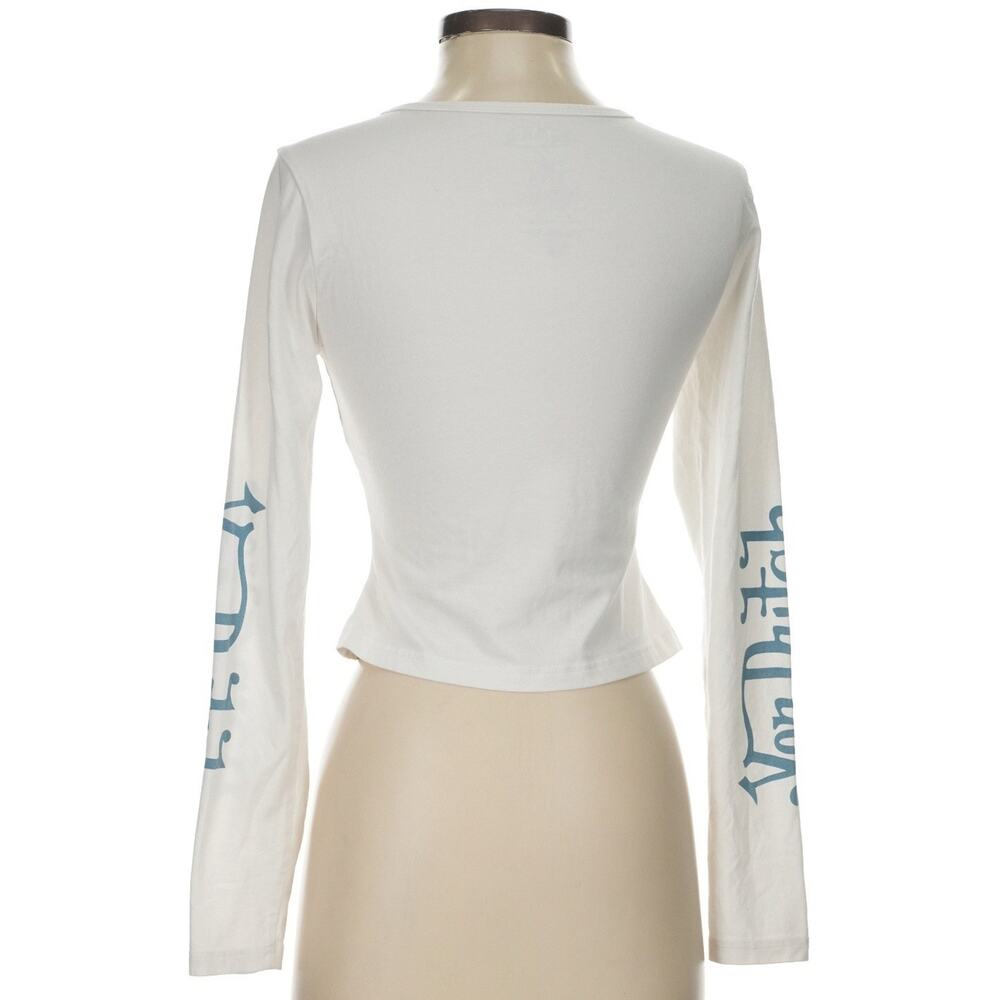 Von Dutch Y2K White Crop Top Skull Graphic Long Sleeve Stretch Tee Women Size S - Picture 4 of 8